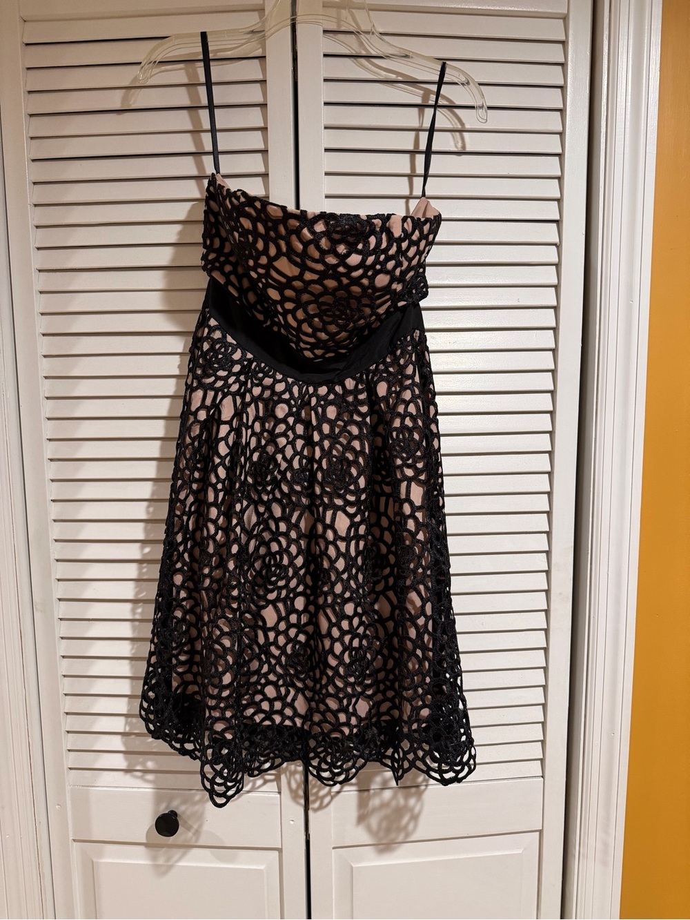 Strapless Black Embroidered Lace Overlay Nude Dress
